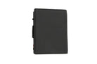 Back view of closed Garzini Metal Wallet in carbon black leather, with push button