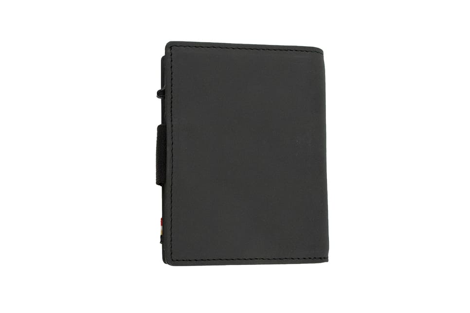Back view of closed Garzini Metal Wallet in carbon black leather, with push button