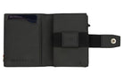 Open Garzini Metal Wallet in carbon black leather, displaying card and cash slots