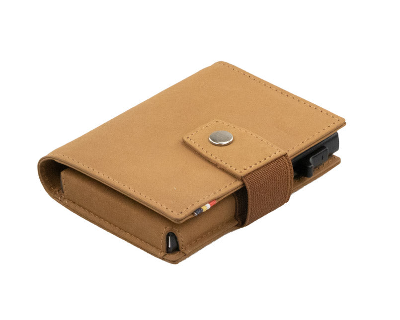 Garzini Metal Wallet in Camel Brown, displayed at an angle showing the front and side