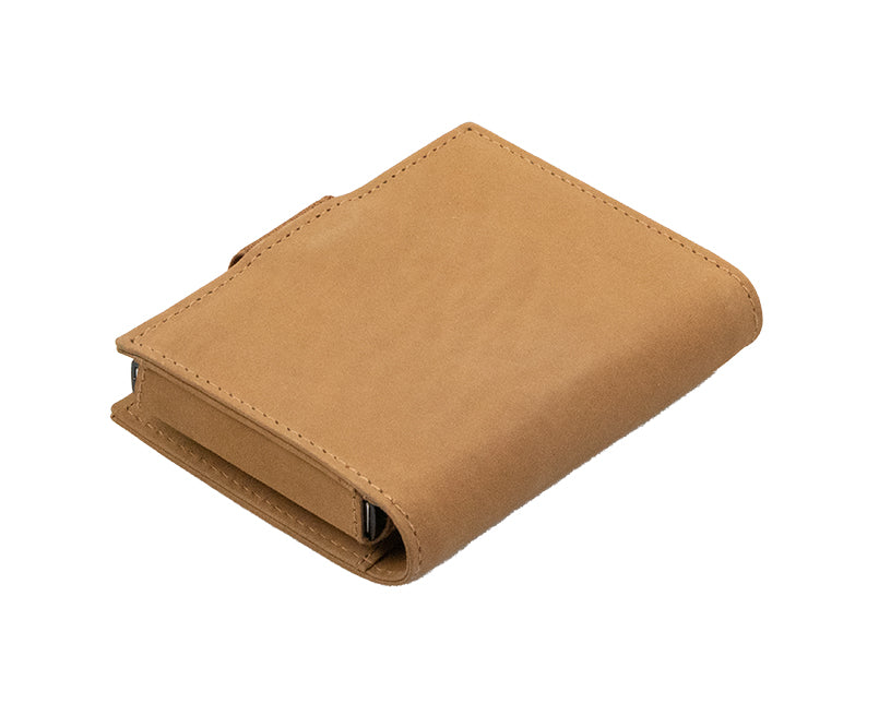 Garzini Metal Wallet in Camel Brown, showing the backside with detailed stitching.