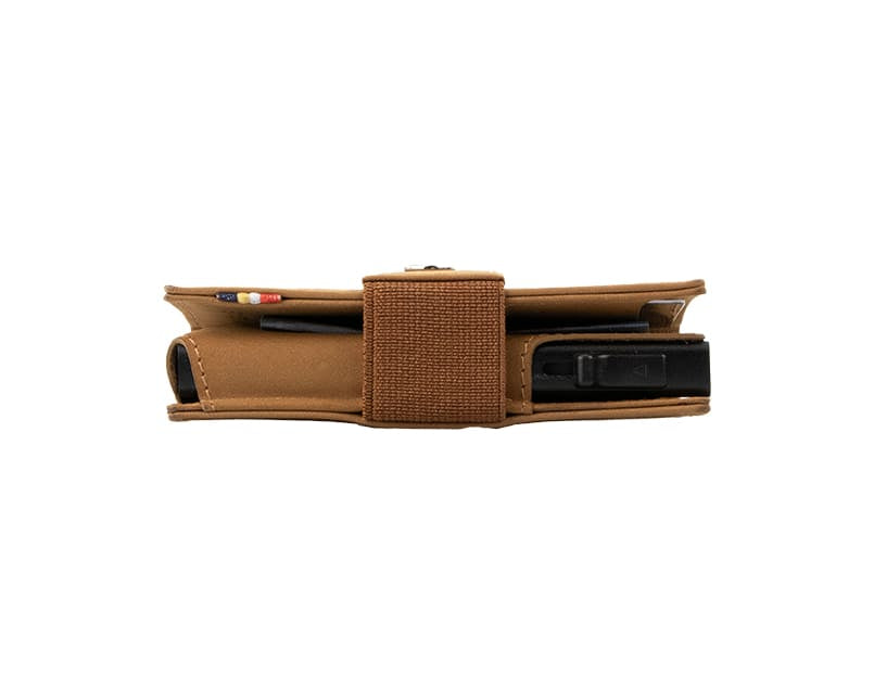 Side view of slim Garzini Metal Wallet in camel brown leather