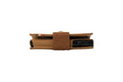 Side view of slim Garzini Metal Wallet in camel brown leather