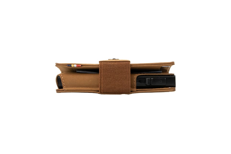 Side view of slim Garzini Metal Wallet in camel brown leather