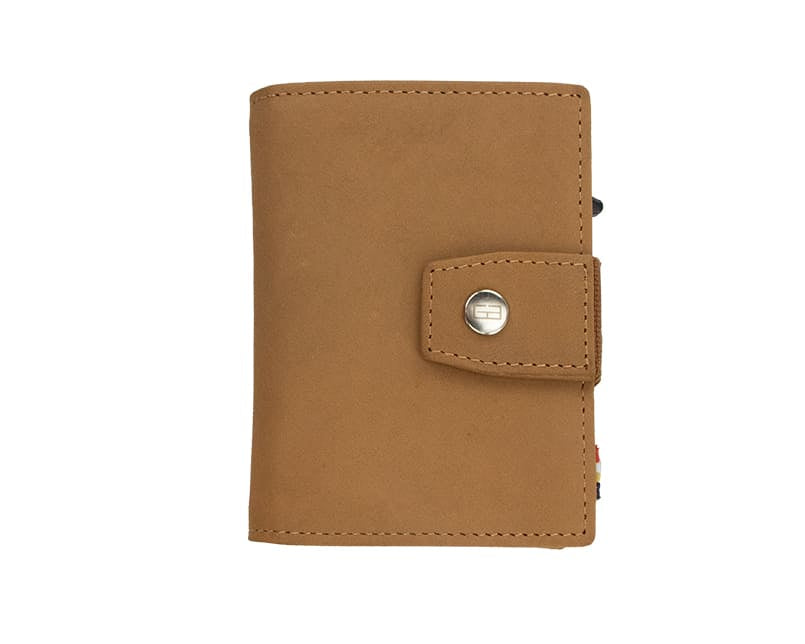 Closed Front Garzini Metal Wallet in camel brown leather with push button, minimalist design