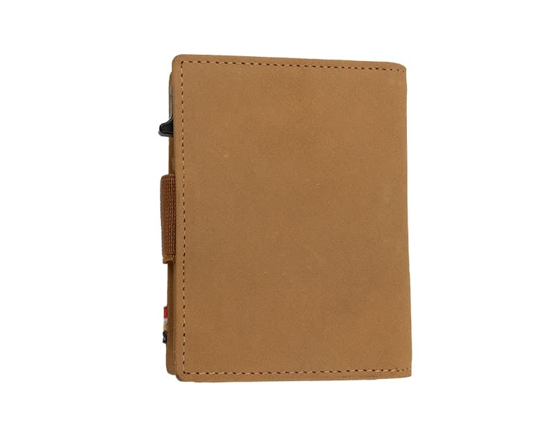Back view of closed Garzini Metal Wallet in camel brown leather, with push button