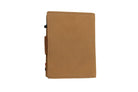 Back view of closed Garzini Metal Wallet in camel brown leather, with push button