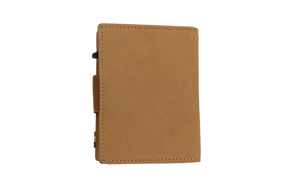 Back view of closed Garzini Metal Wallet in camel brown leather, with push button
