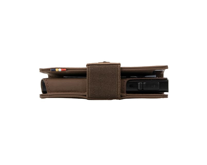 Side view of slim Garzini Metal Wallet in java brown leather