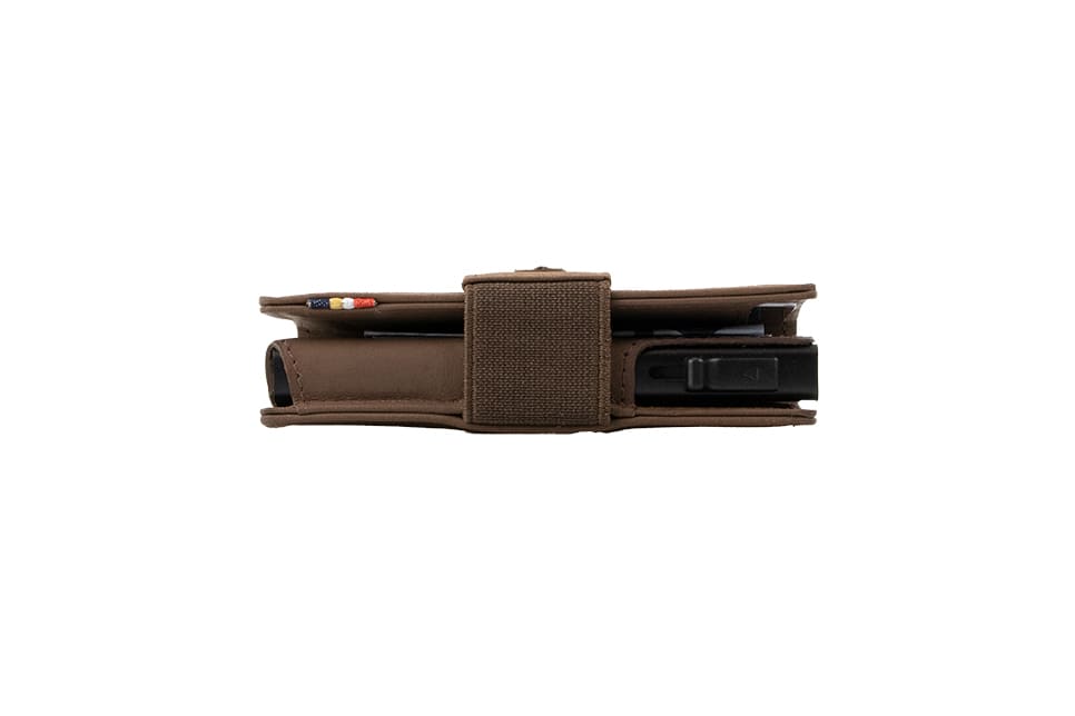 Side view of slim Garzini Metal Wallet in java brown leather