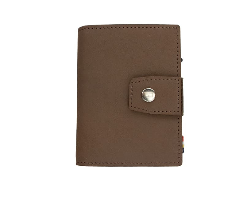 Closed Front Garzini Metal Wallet in java brown leather with push button, minimalist design