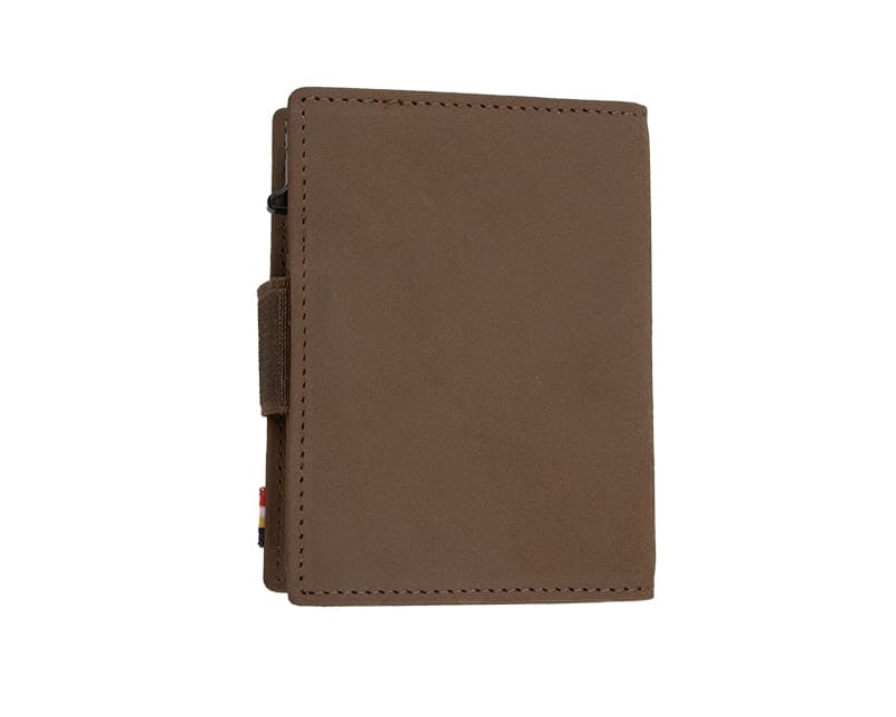 Back view of closed Garzini Metal Wallet in java brown leather, with push button