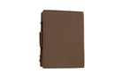 Back view of closed Garzini Metal Wallet in java brown leather, with push button