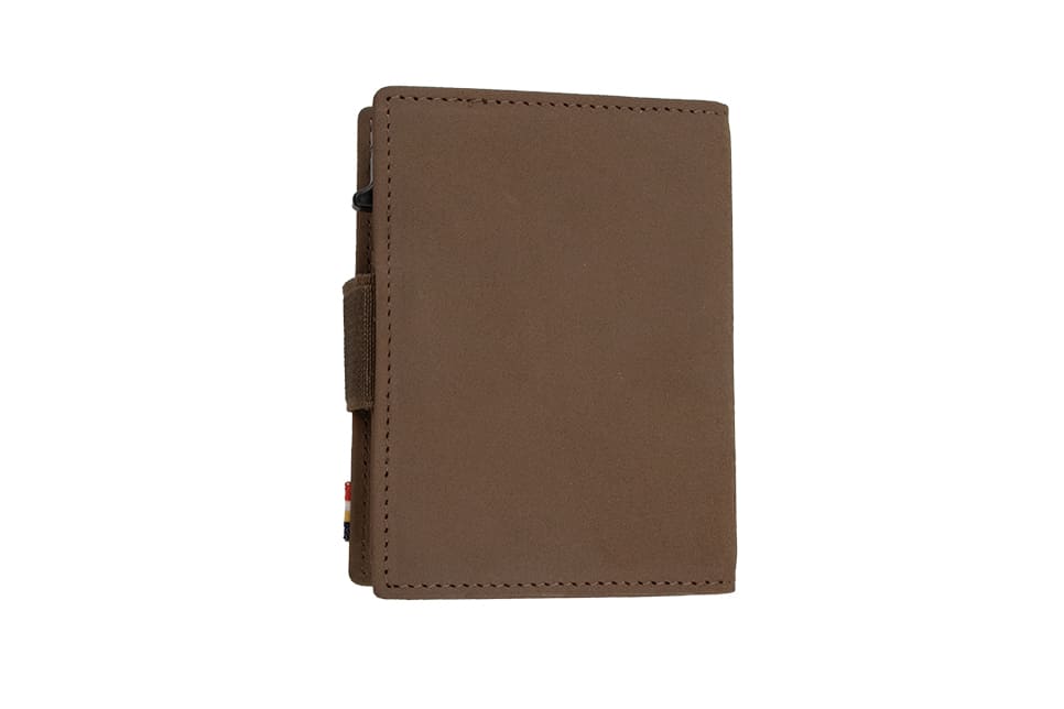 Back view of closed Garzini Metal Wallet in java brown leather, with push button