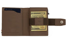 Open Garzini Metal Wallet in java brown leather, holding a stack of cash