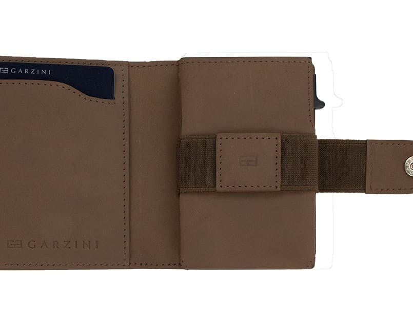 Open Garzini Metal Wallet in java brown leather, displaying card and cash slots