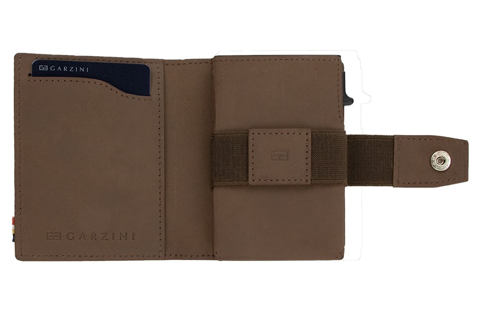 Open Garzini Metal Wallet in java brown leather, displaying card and cash slots