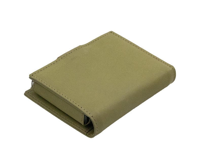 Garzini Metal Wallet in Olive Green Brown, showing the backside with detailed stitching.