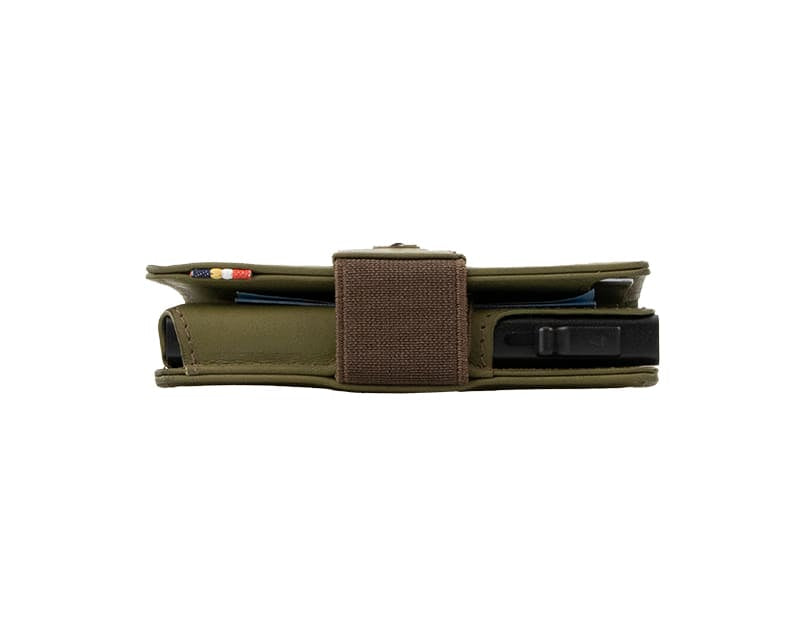 Side view of slim Garzini Metal Wallet in olive brown leather