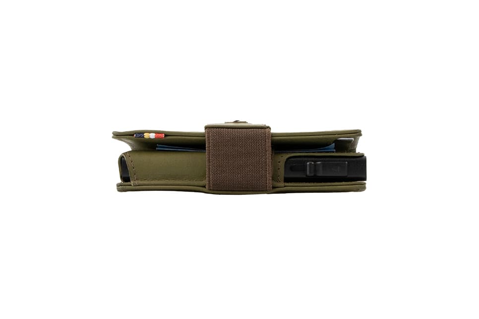 Side view of slim Garzini Metal Wallet in olive brown leather