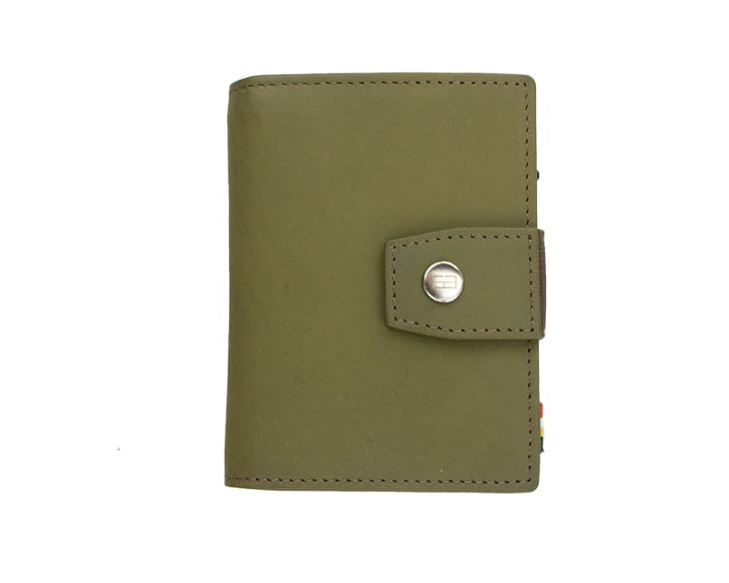 Closed Front Garzini Metal Wallet in olive brown leather with push button, minimalist design