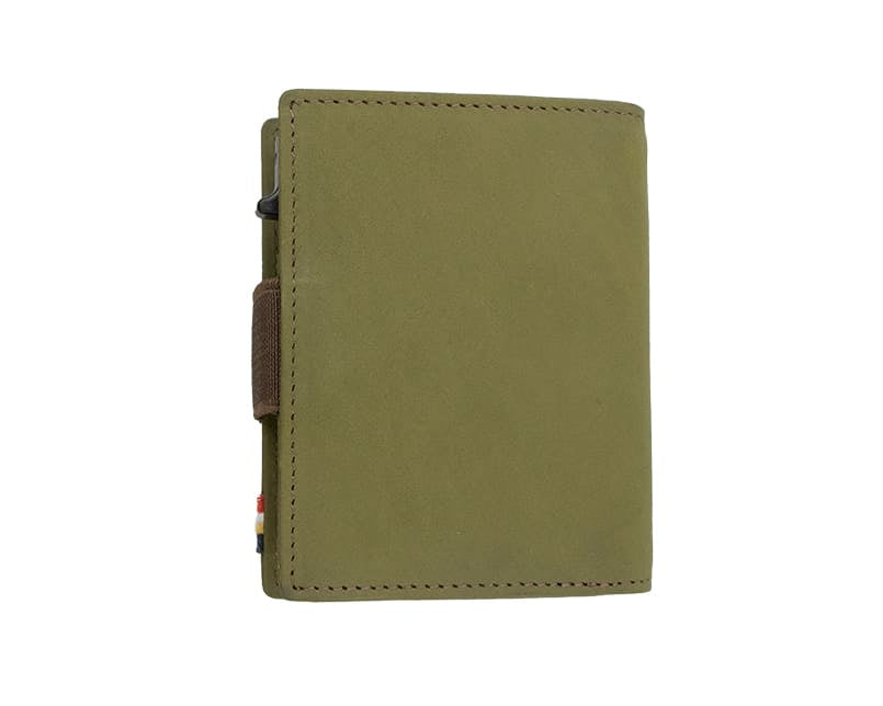 Back view of closed Garzini Metal Wallet in olive brown leather, with push button