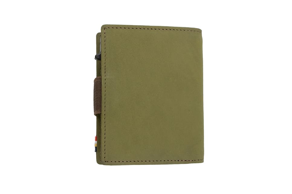 Back view of closed Garzini Metal Wallet in olive brown leather, with push button