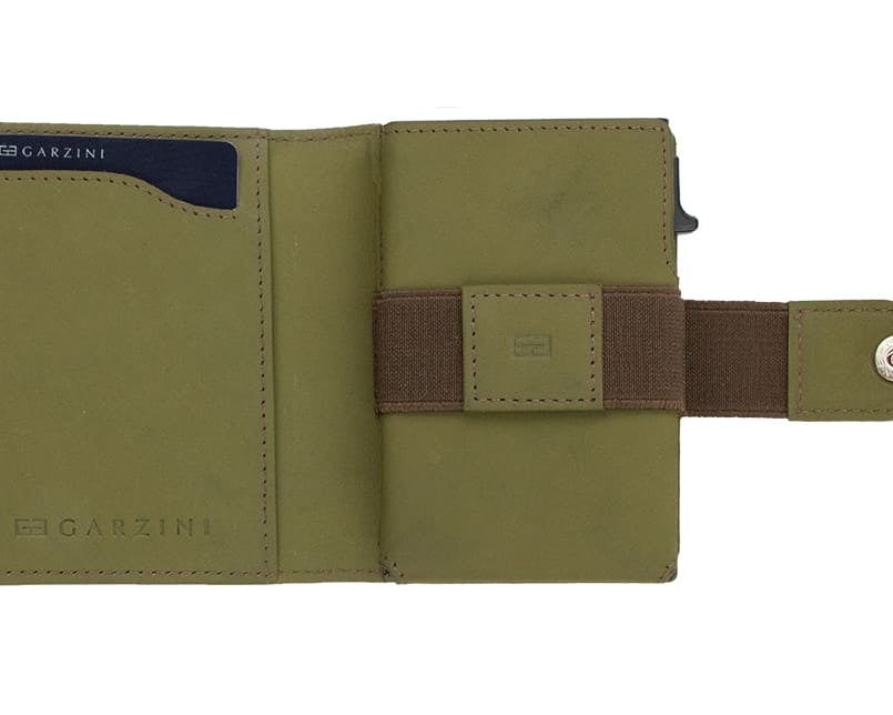 Open Garzini Metal Wallet in olive brown leather, displaying card and cash slots