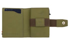 Open Garzini Metal Wallet in olive brown leather, displaying card and cash slots