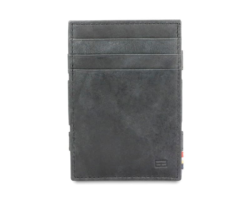 Front view of the Essenziale Magic Coin Wallet Brushed in Brushed Black with 3 front pockets for cards.