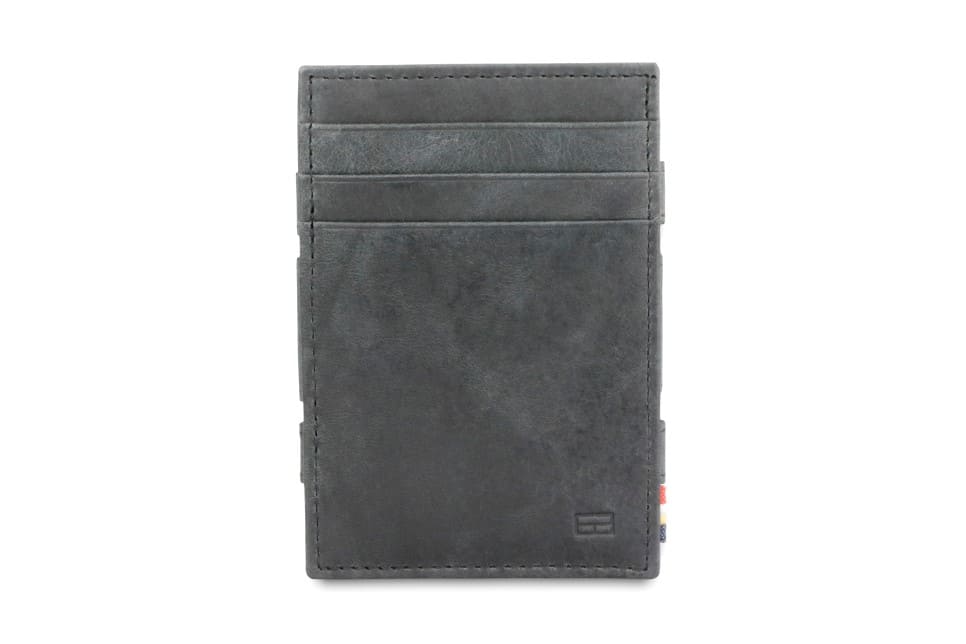 Front view of the Essenziale Magic Coin Wallet Brushed in Brushed Black with 3 front pockets for cards.