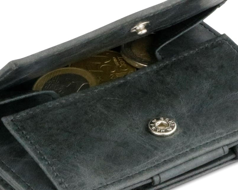 Back view of Essenziale Magic Coin Wallet Brushed in Brushed Black with open coin pocket.