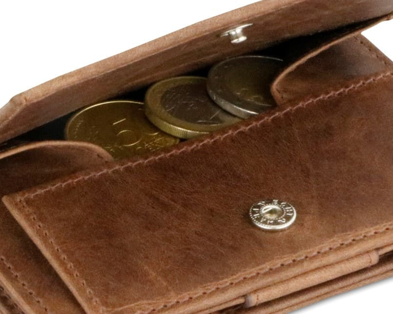 Back view of Essenziale Magic Coin Wallet Brushed in Brushed Brown with open coin pocket.