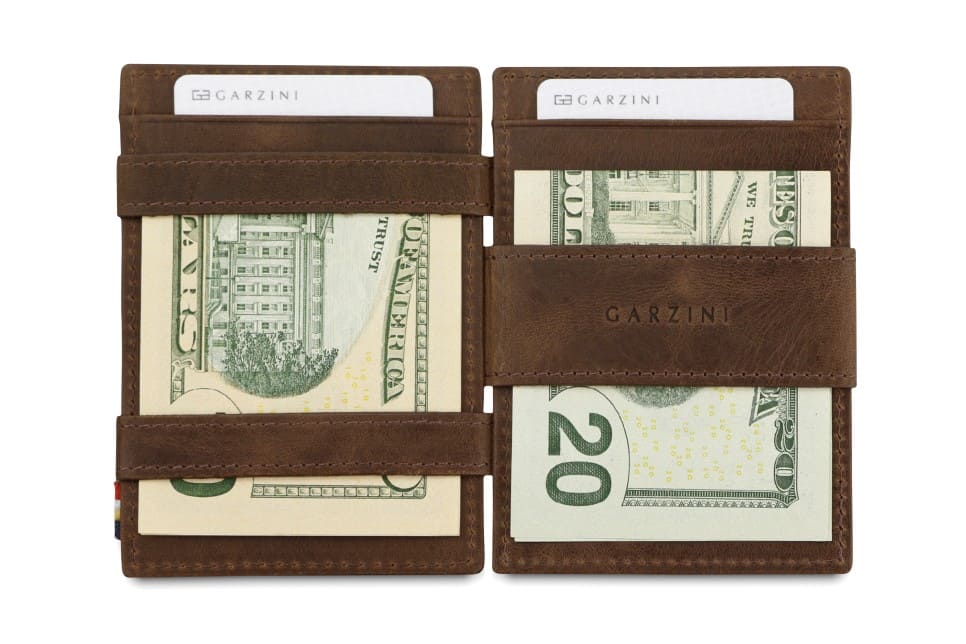 Open view of Essenziale Magic Coin Wallet Brushed in Brushed Brown with money inside.