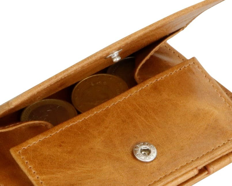 Back view of Essenziale Magic Coin Wallet Brushed in Brushed Cognac with open coin pocket.