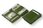 Front and open view of Essenziale Magic Coin Wallet Vegan in Cactus Green with pull tab, coin pocket, and money straps.