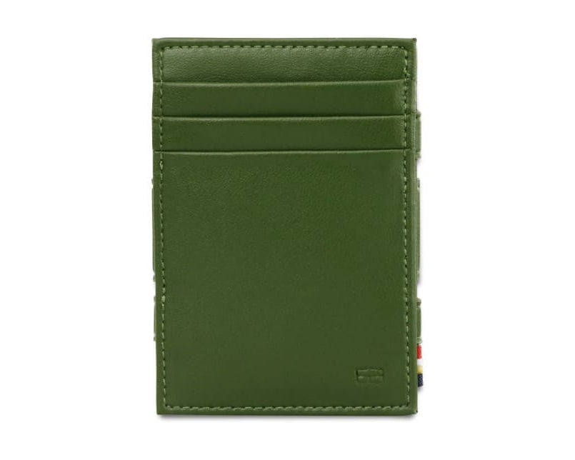 Front view of the Essenziale Magic Coin Wallet Vegan in Cactus Green with 3 front pockets for cards.