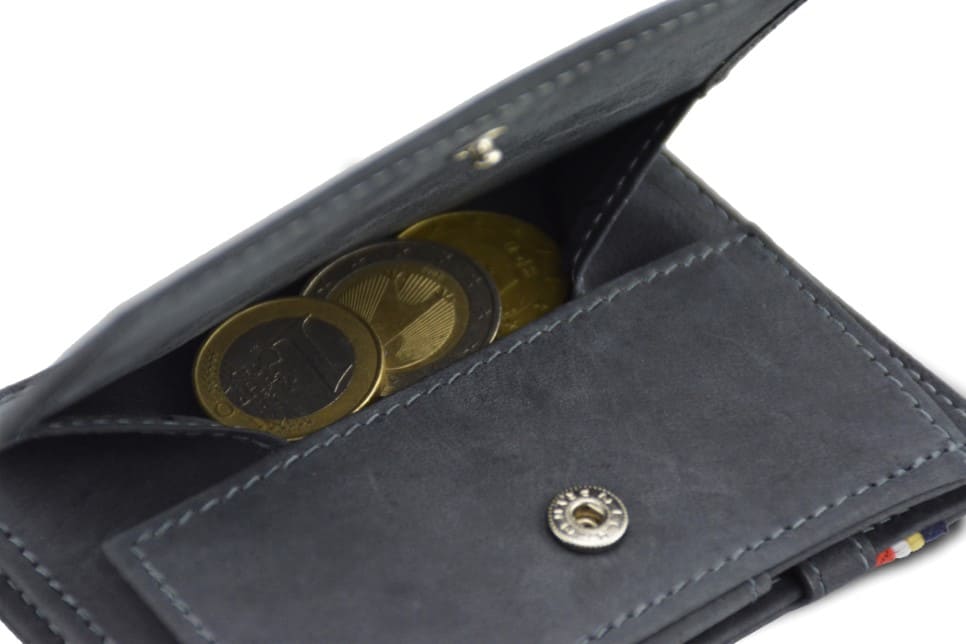 Back view of Essenziale Magic Coin Wallet in Carbon Black with open coin pocket.