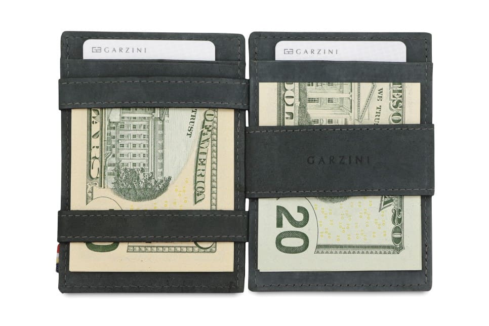 Open view of Essenziale Magic Coin Wallet in Carbon Black with money inside.
