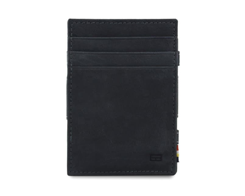 Front view of the Essenziale Magic Coin Wallet in Carbon Black with 3 front pockets for cards.