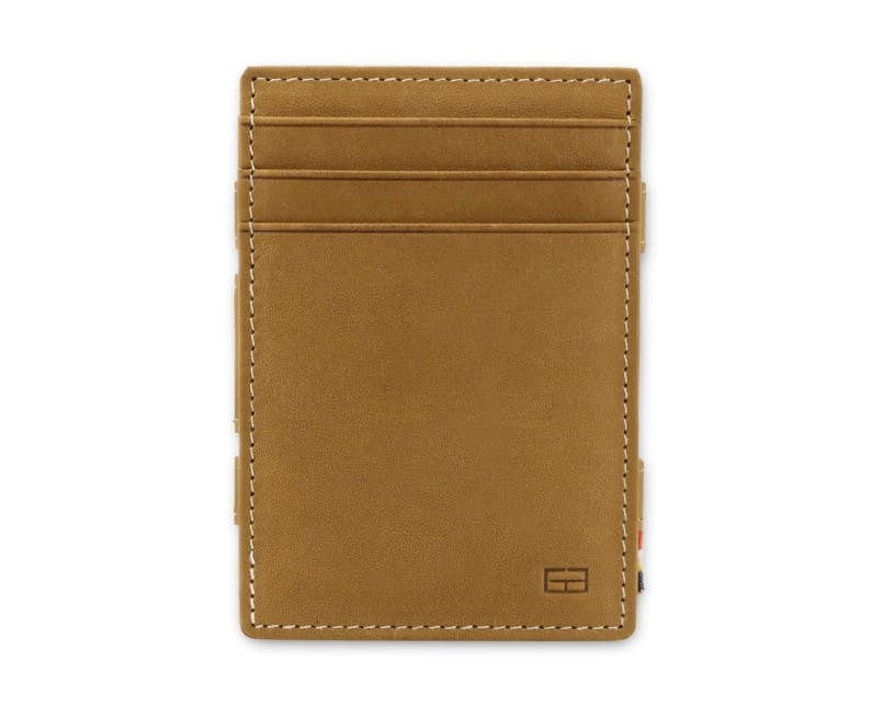 Front view of the Essenziale Magic Coin Wallet in Camel Brown with 3 front pockets for cards.