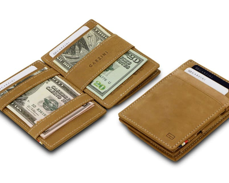 Front and open view of Essenziale Magic Coin Wallet in Camel Brown with pull tab, coin pocket, and money straps.