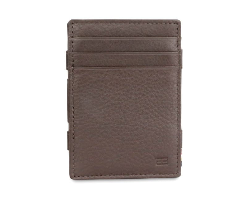 Front view of the Essenziale Magic Coin Wallet Nappa in Chocolate Brown with 3 front pockets for cards.