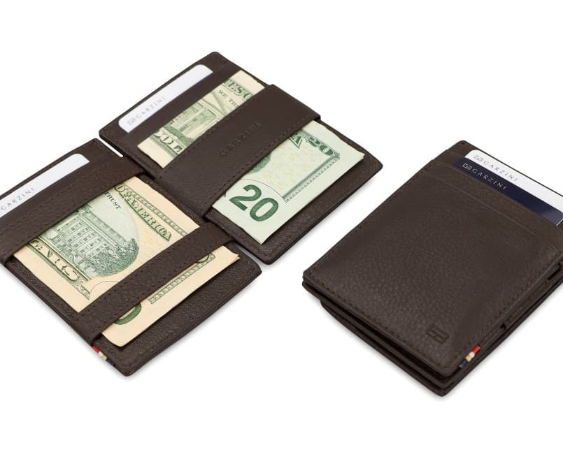 Front and open view of Essenziale Magic Coin Wallet Nappa in Chocolate Brown with pull tab, coin pocket, and money straps.