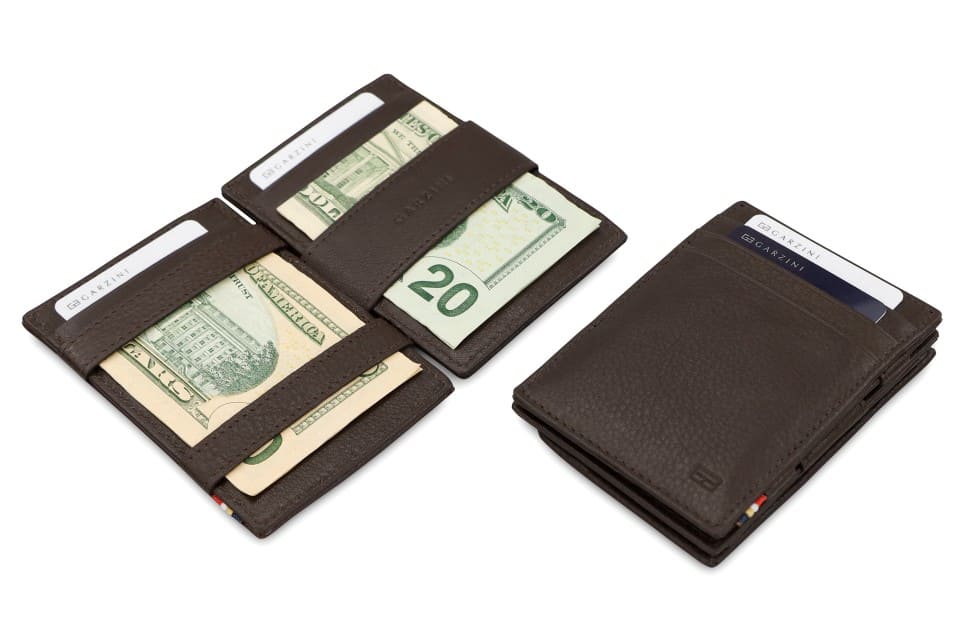 Front and open view of Essenziale Magic Coin Wallet Nappa in Chocolate Brown with pull tab, coin pocket, and money straps.