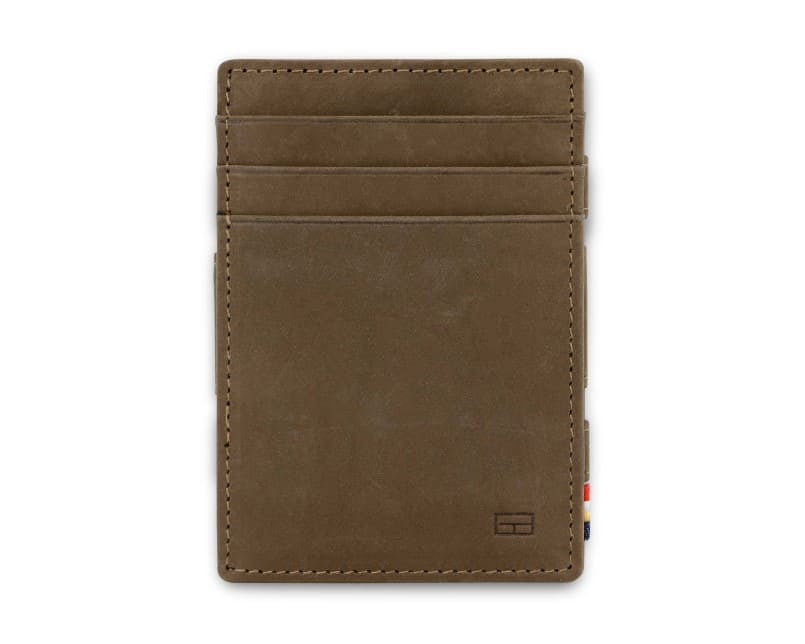 Open view of the  Essenziale Magic Coin Wallet in Java Brown with the money strap to secure money.