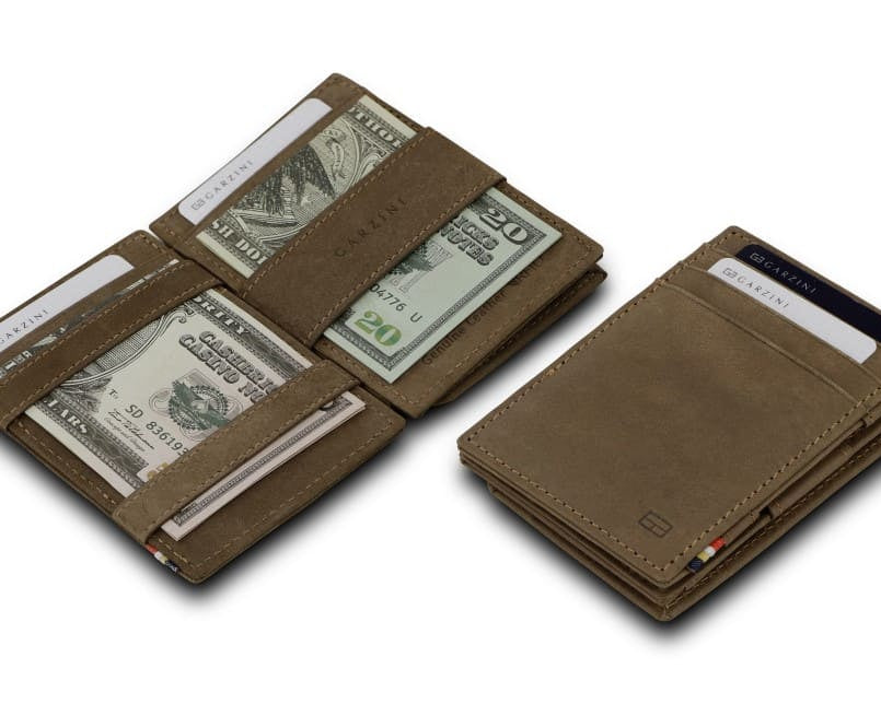 Front and open view of Essenziale Magic Coin Wallet in Java Brown with pull tab, coin pocket, and money straps.