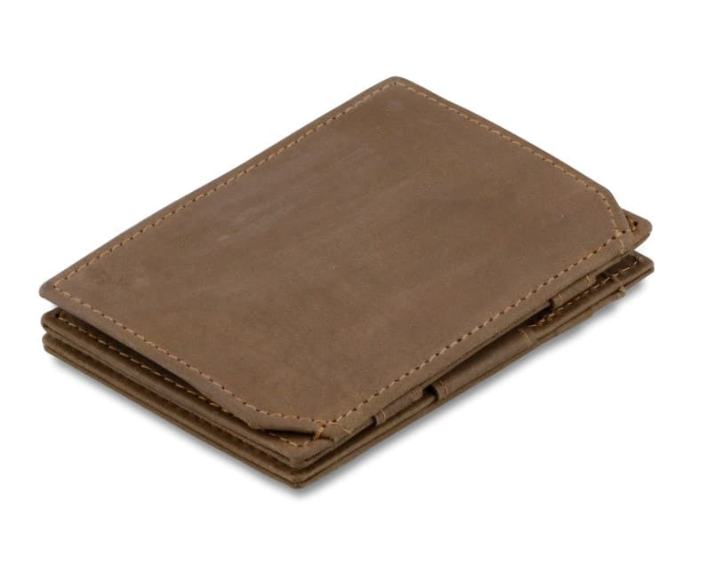 Half-open blue box with Garzini brand name Inside the box, the Camel Brown wallet is wrapped in tissue paper, placed in a light cardboard box with a blue strap.