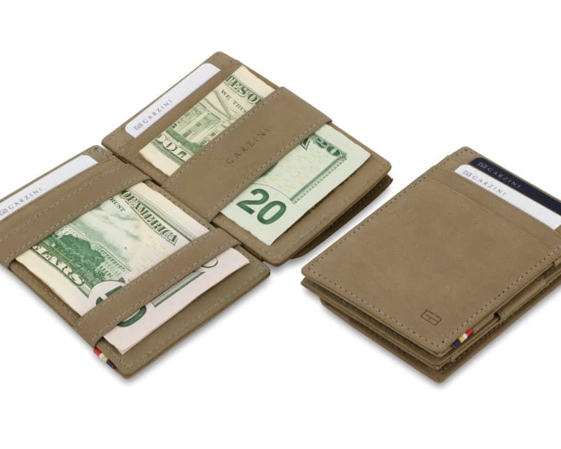 Front view of the Essenziale Magic Coin Wallet in Metal Grey with 3 front pockets for cards.