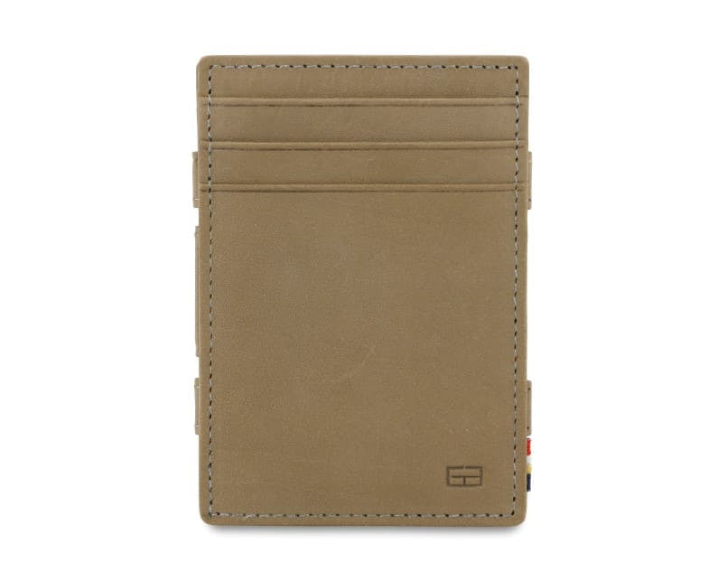 Front view of the Essenziale Magic Coin Wallet in Metal Grey with 3 front pockets for cards.